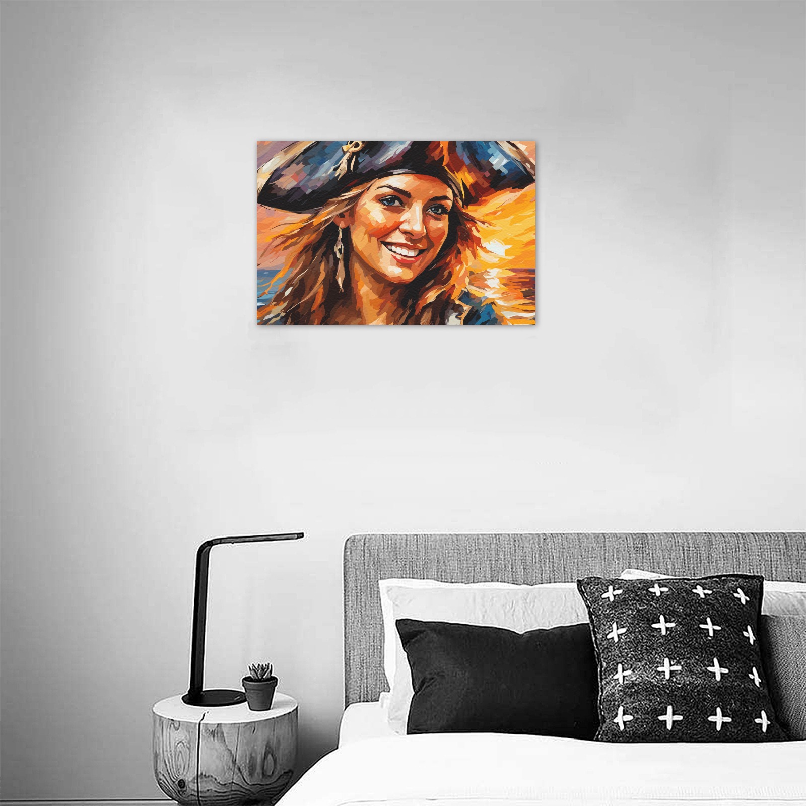 Striking smiling pirate lady at colorful sunset. Upgraded Canvas Print 18"x12"