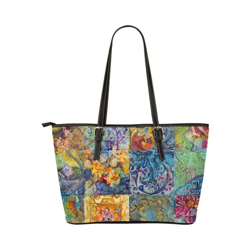 Boho Aesthetic Simulated Quilt Artwork Leather Tote Bag/Large (Model 1651)