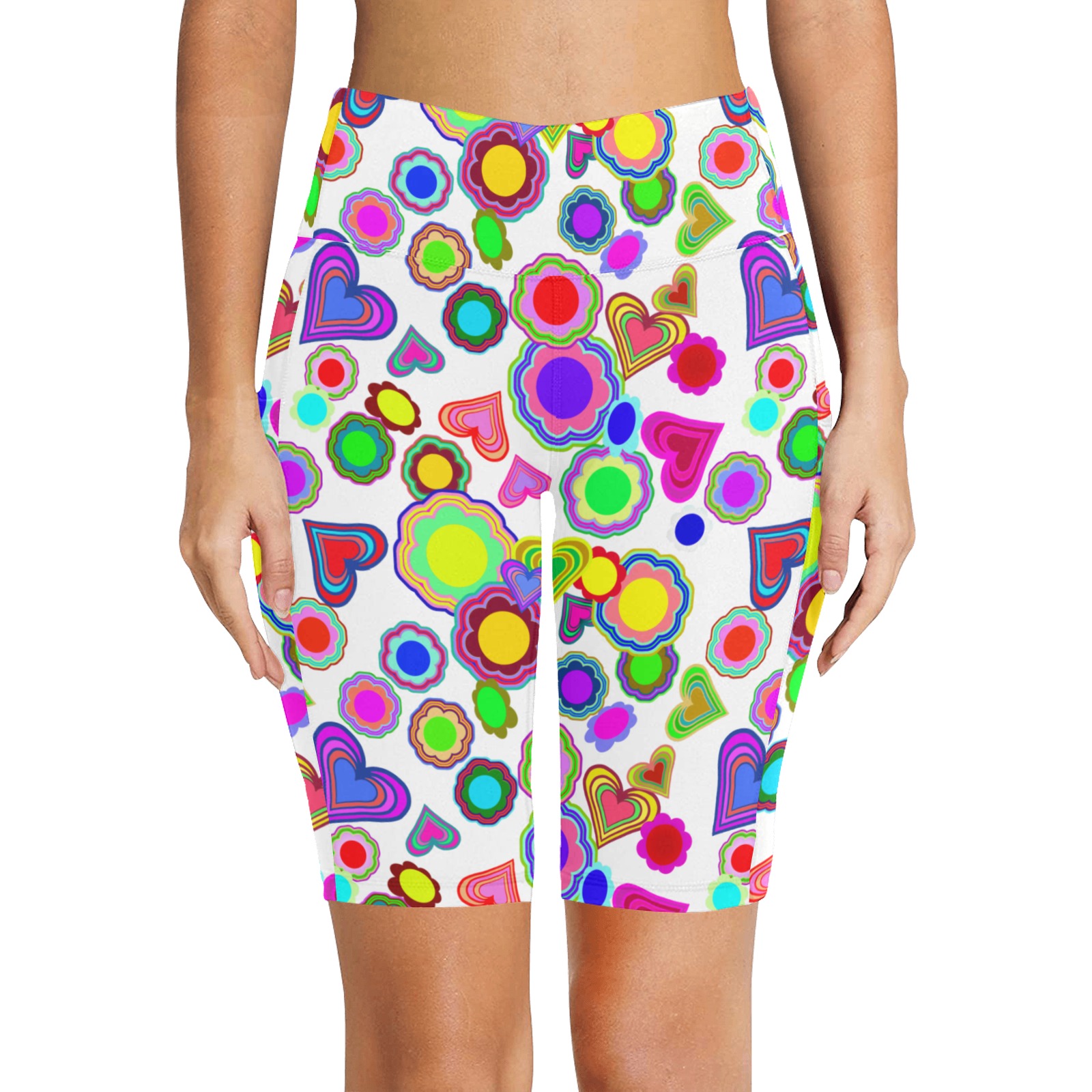 Groovy Hearts and Flowers White Women's Workout Half Tights (Model L42)