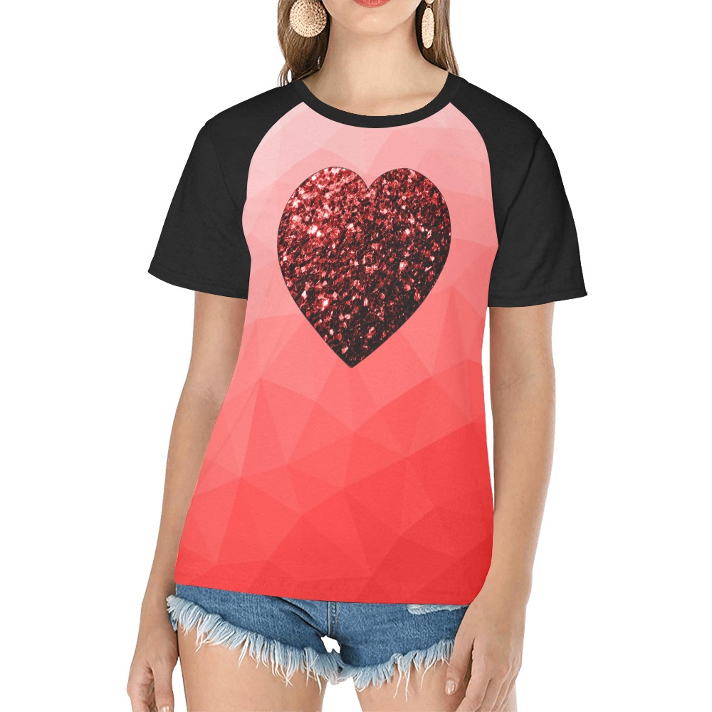 Red gradient geometric mesh pattern faux sparkles heart Women's Raglan T-Shirt/Front Printing (Model T62)