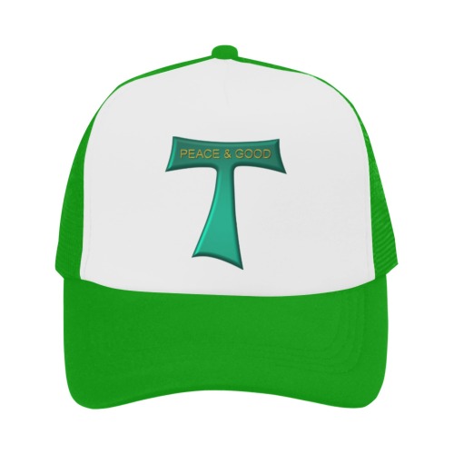 Franciscan Tau Cross Peace and Good Green Steel Metallic Trucker Hat