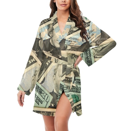 US PAPER CURRENCY Women's Long Sleeve Belted Night Robe
