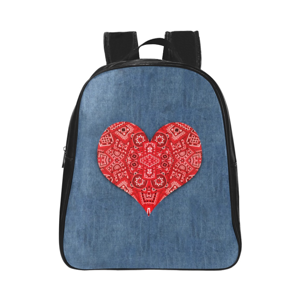 Bandana Heart on Denim-look School Backpack (Model 1601)(Small)