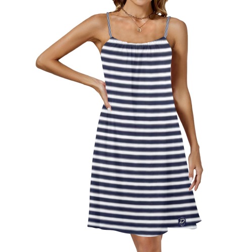 DIONIO Clothing - Ladies' Blue & White Striped Drawstring Neck Sleeveless Dress Drawstring Neck Sleeveless Dress (Model D68)