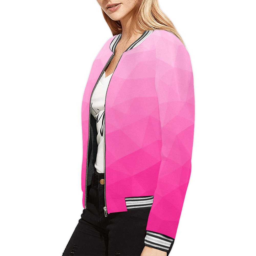 Hot pink gradient geometric mesh pattern All Over Print Bomber Jacket for Women (Model H21)