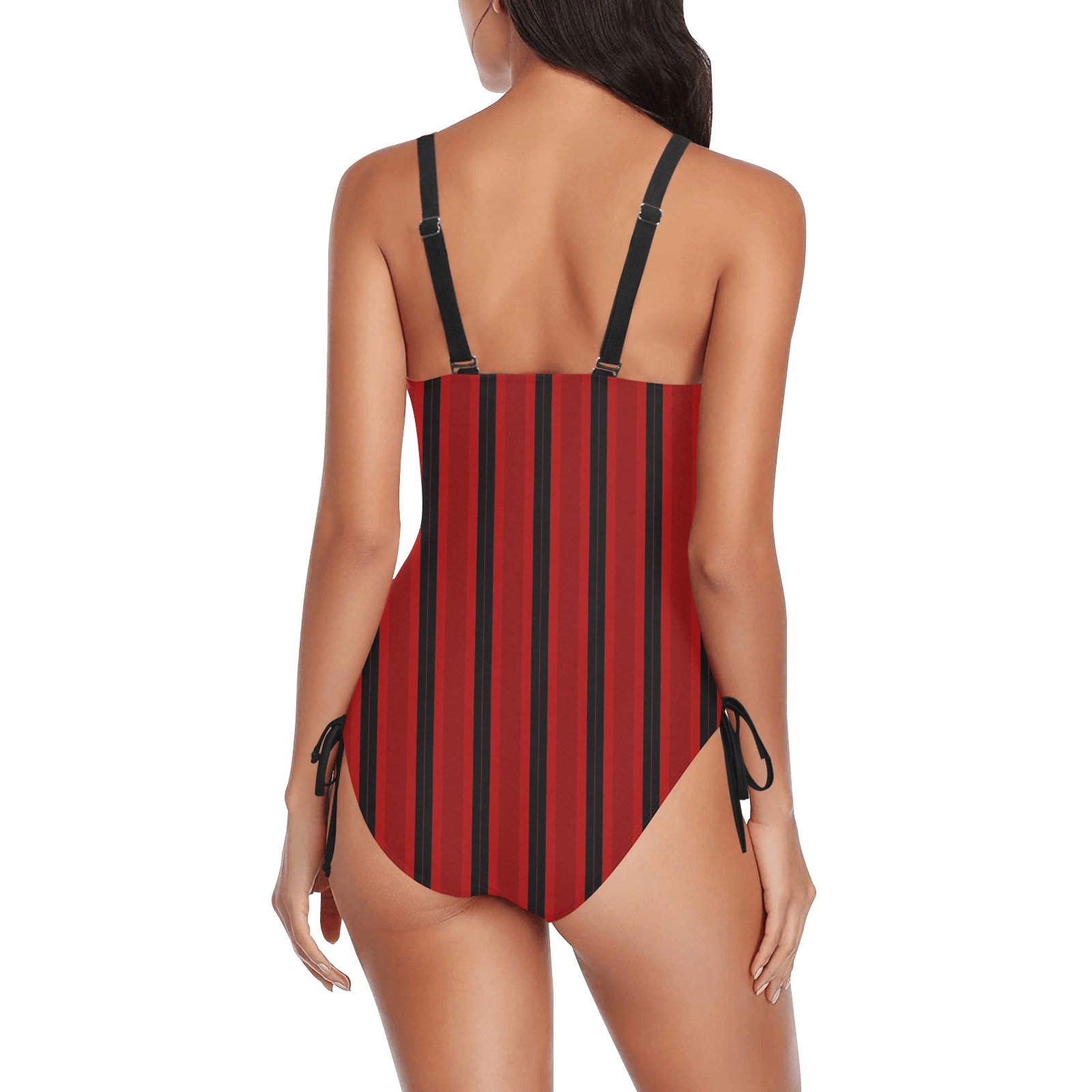 Black and Red Stripes Drawstring Side One-Piece Swimsuit (Model S14)