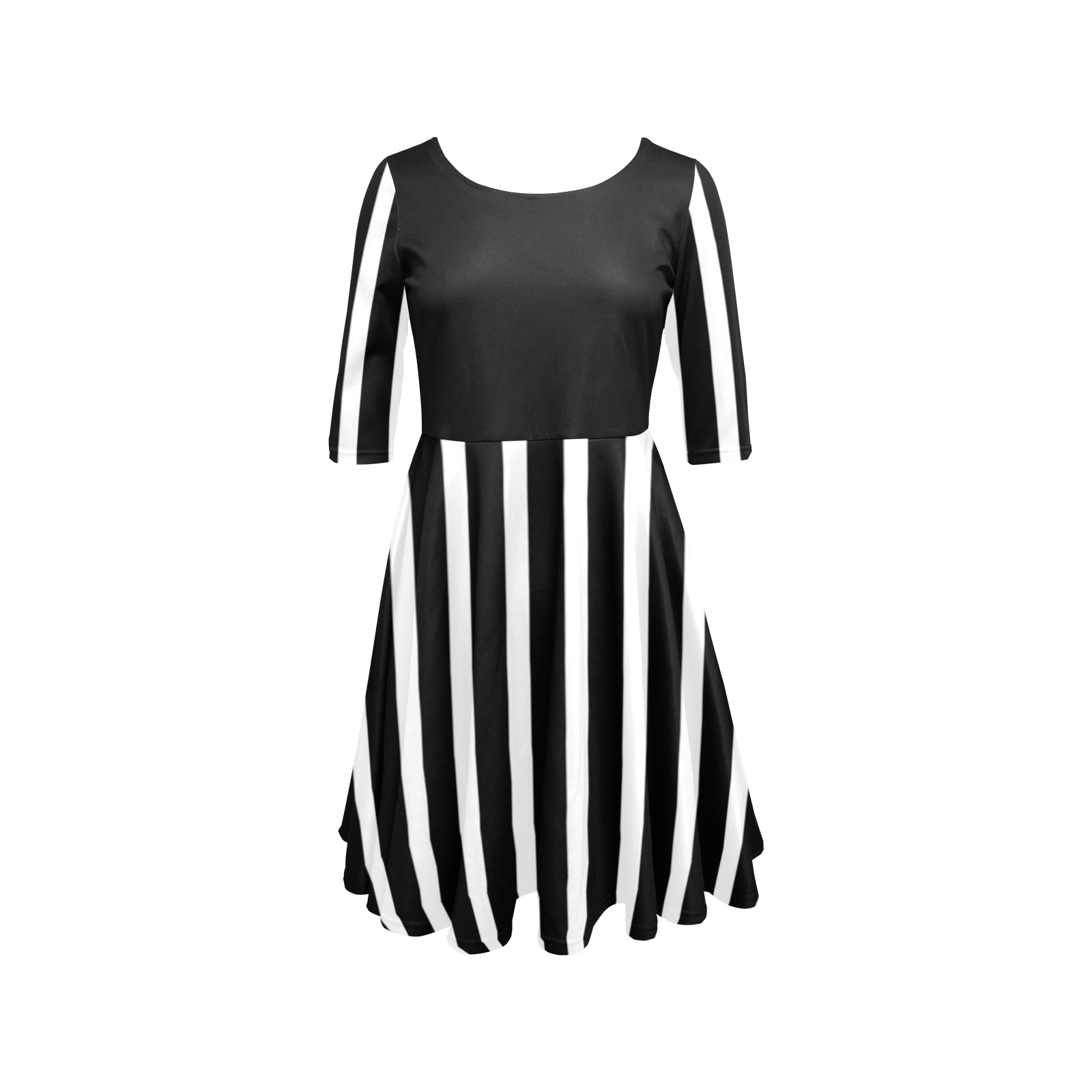 Black and White Stripes Pattern Half Sleeve Skater Dress (Model D61)