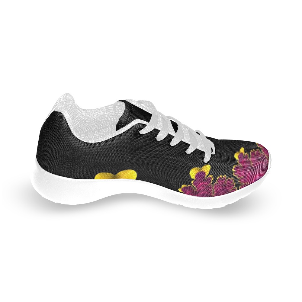Purple Mauve and Yellow Fringe on Black Fractal Abstract Kid's Running Shoes (Model 020)