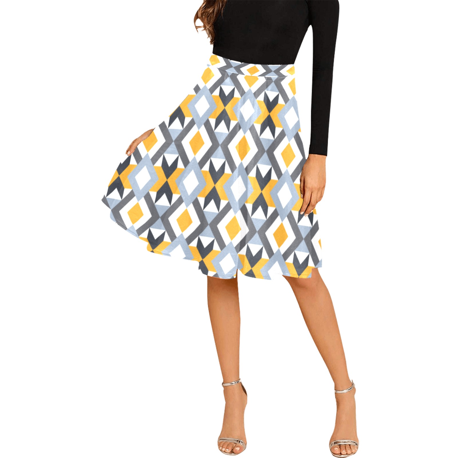 Retro Angles Abstract Geometric Pattern Melete Pleated Midi Skirt (Model D15)