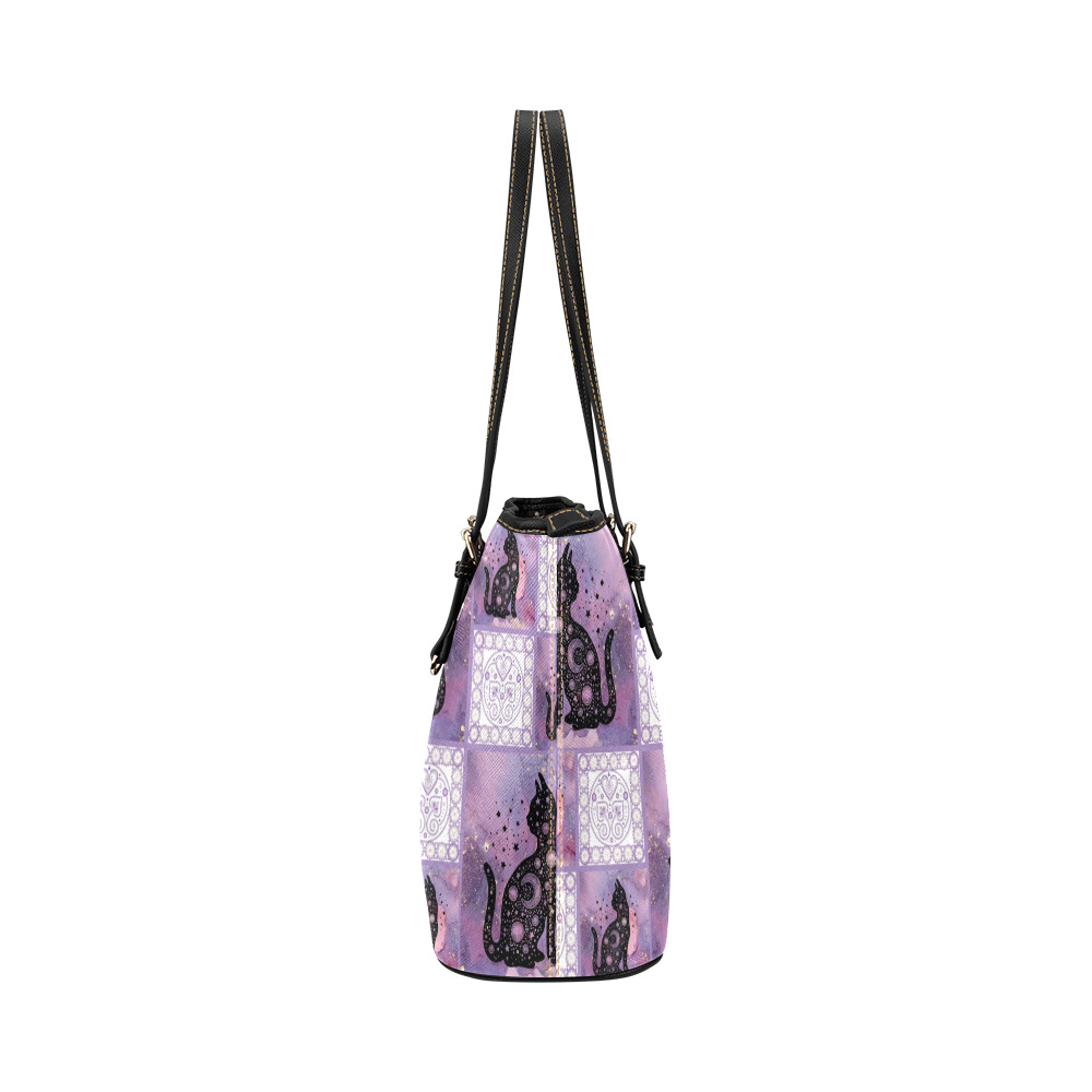Purple Cosmic Cats Patchwork Pattern Leather Tote Bag/Large (Model 1651)