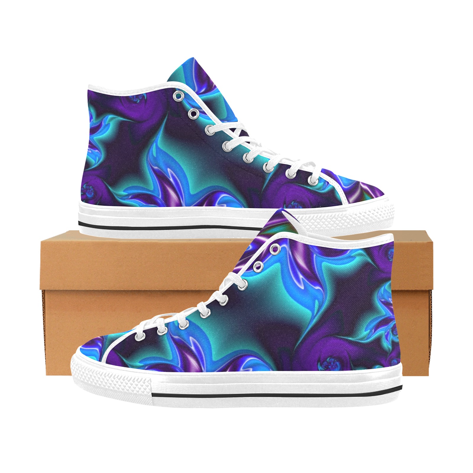 Aqua Blue and Purple Flowers Fractal Abstract Vancouver H Women's Canvas Shoes (1013-1)