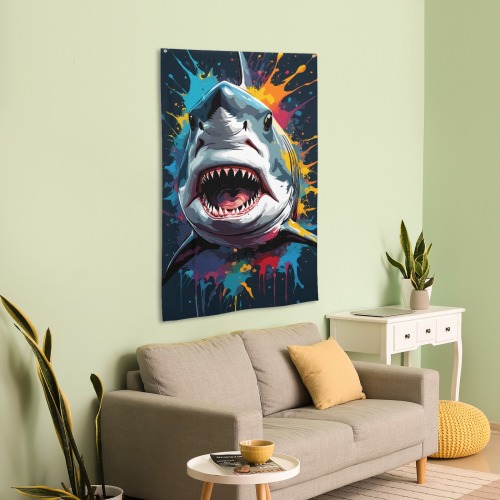 Aggressive shark. Cute, chic colorful fantasy art House Flag 34.5"x56"