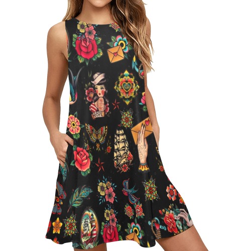 Tattoo Sleeveless A-Line Pocket Dress (Model D57)