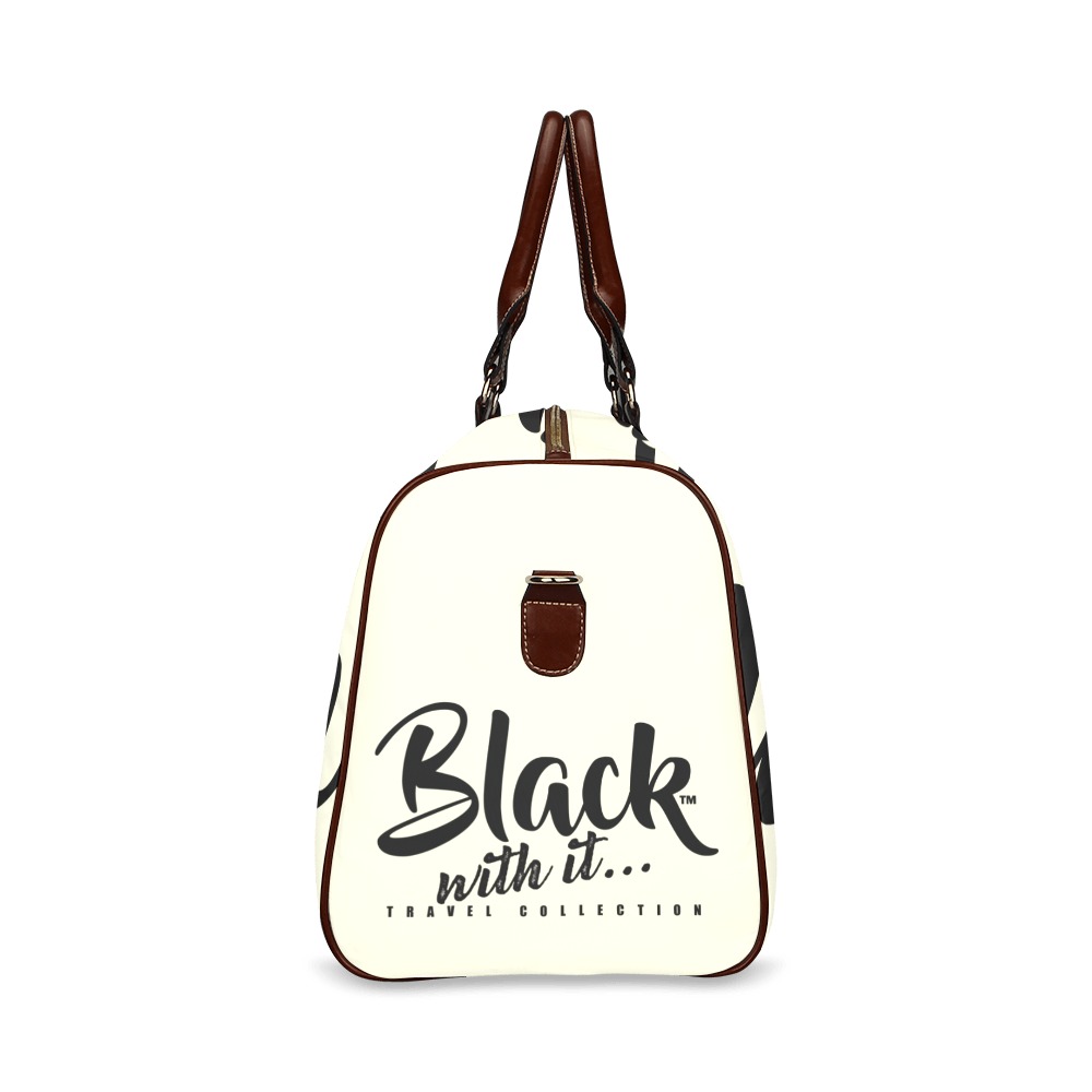 BWi Travel Bag (Large) Beige - Black Font - Brown Leather Straps Waterproof Travel Bag/Large (Model 1639)