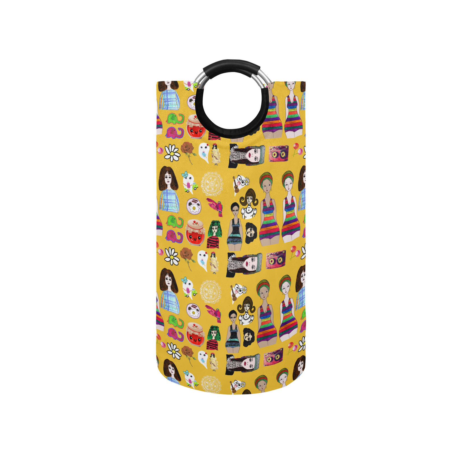 drawing collage yellow Round Laundry Bag