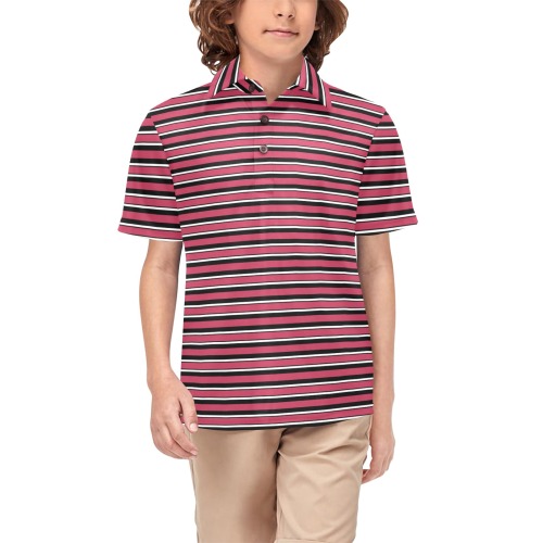 Magenta, Black and White Stripes Big Boys' All Over Print Polo Shirt (Model T55)