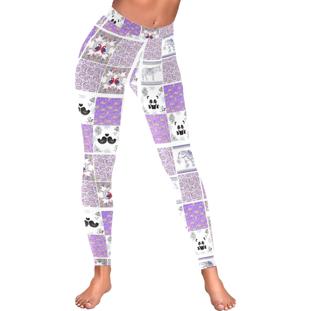 Purple Paisley Birds and Animals Patchwork Design Women's Low Rise Leggings (Invisible Stitch) (Model L05)