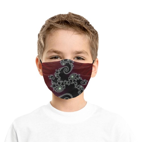 Black and White Lace on Maroon Velvet Fractal Abstract Pleated Mouth Mask for Kids (Model M08)