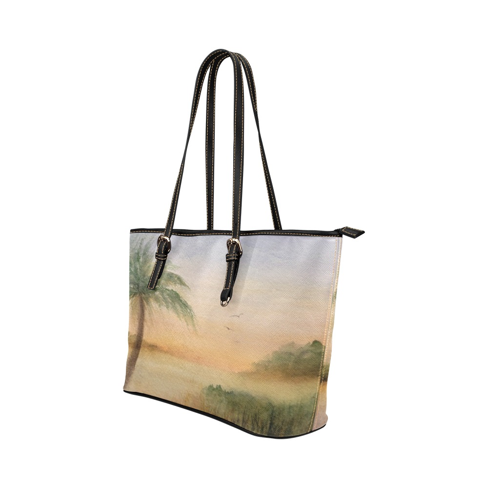 Palm tree scene Leather Tote Bag/Small (Model 1651)