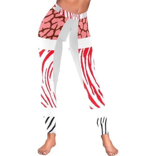 White and Red Mixed Animal Print Women's Low Rise Leggings (Invisible Stitch) (Model L05)