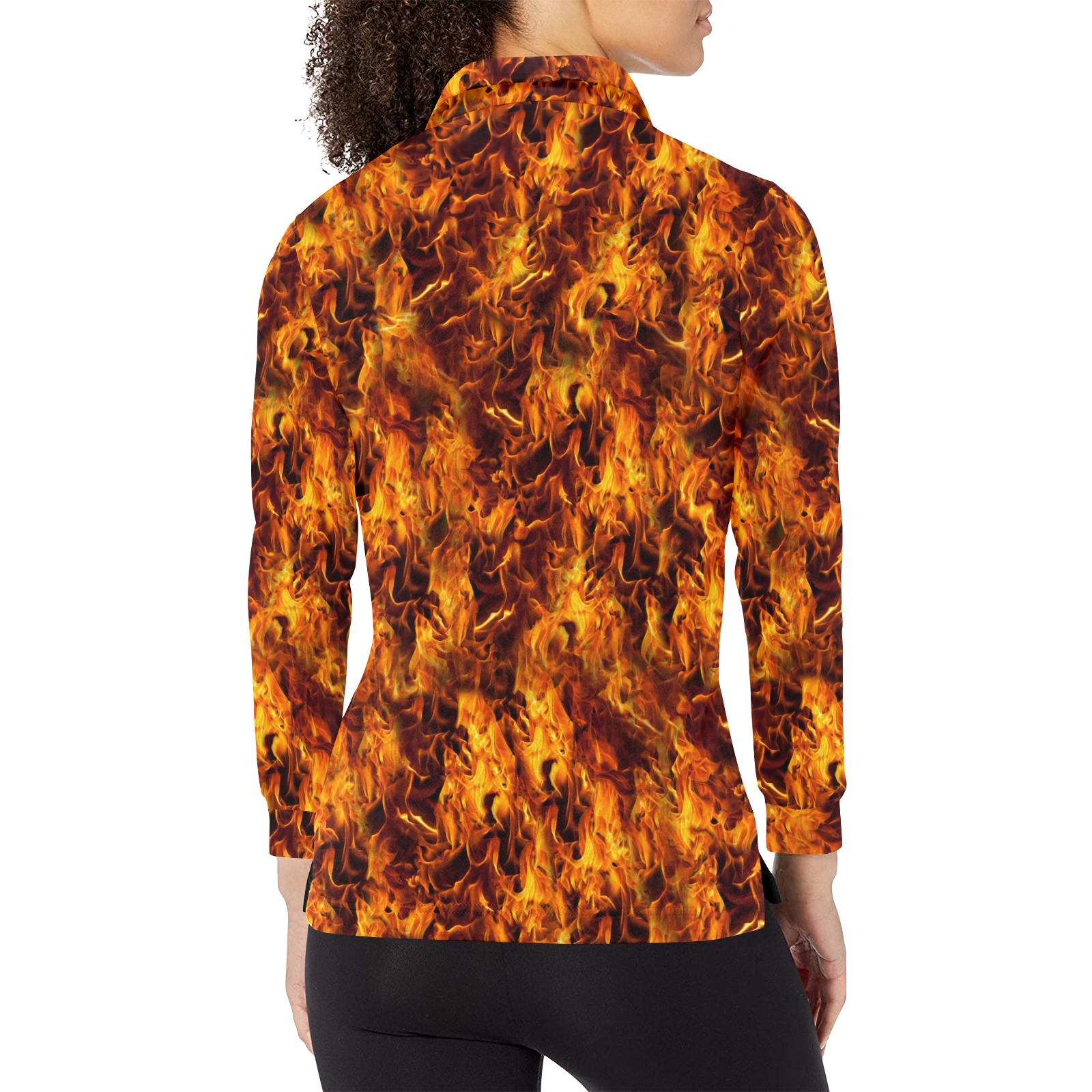 Fire and Flames Women's Long Sleeve Polo Shirt (Model T73)