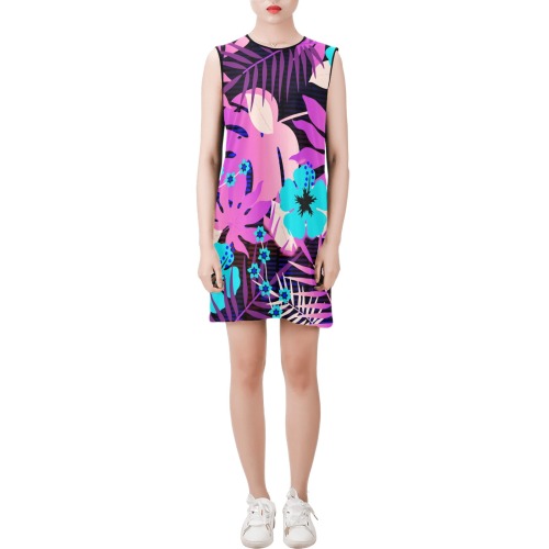 GROOVY FUNK THING FLORAL PURPLE Sleeveless Round Neck Shift Dress (Model D51)