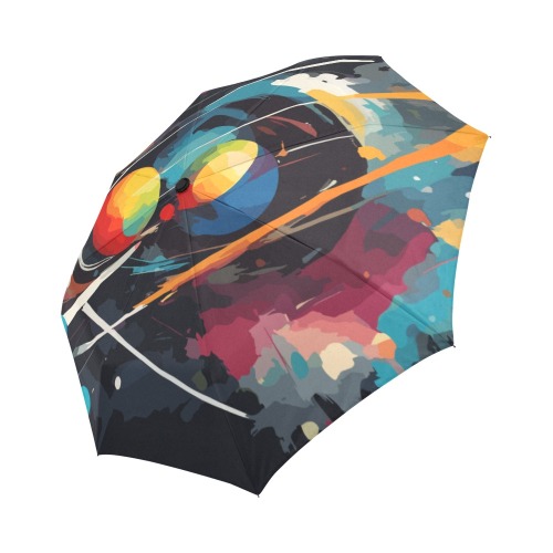 Space abstract of blue inhabited planets on black Auto-Foldable Umbrella (Model U04)