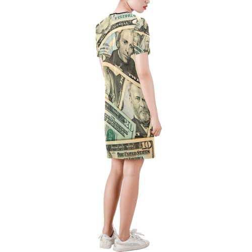 US PAPER CURRENCY Short-Sleeve Round Neck A-Line Dress (Model D47)