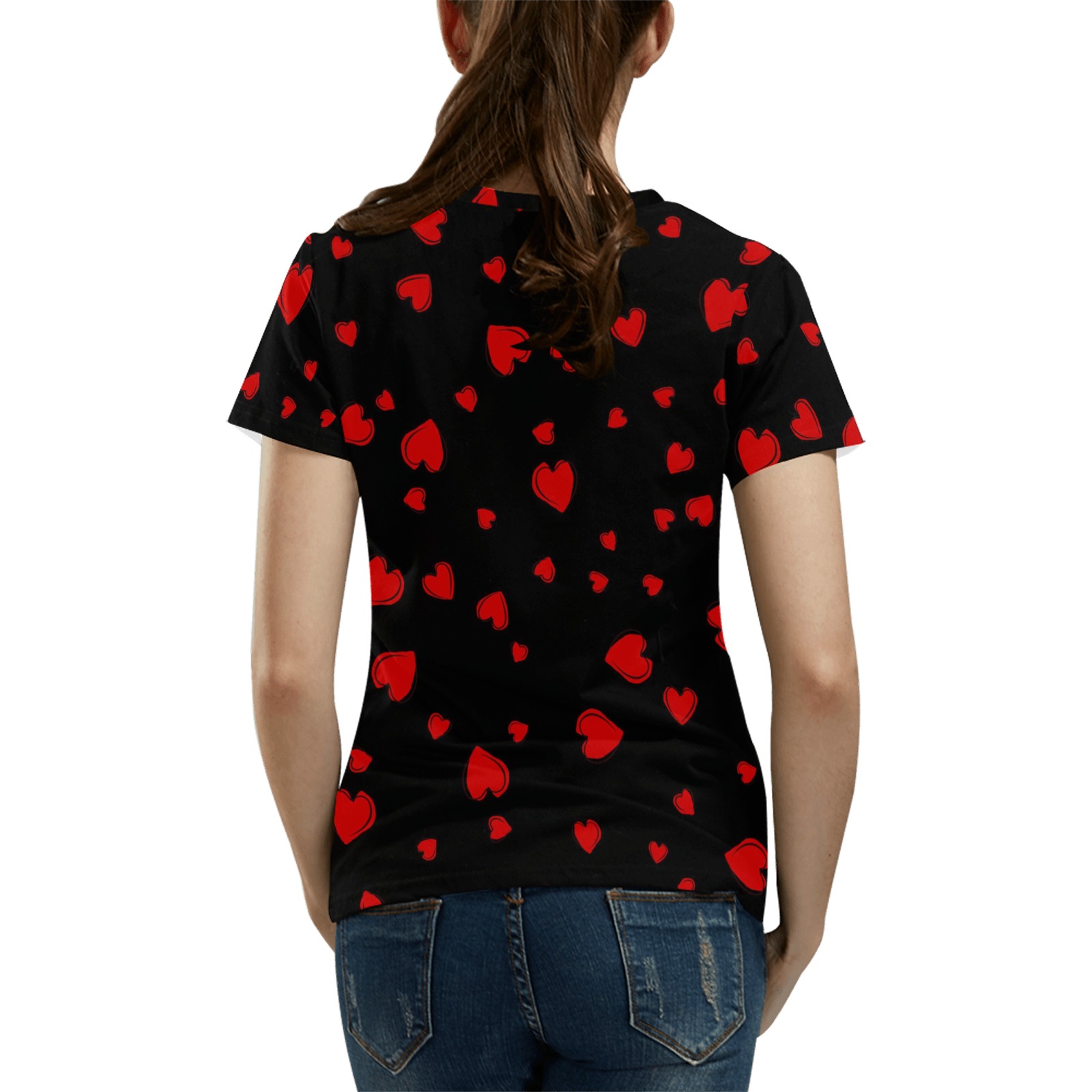 Red Hearts Floating on Black All Over Print T-Shirt for Women (USA Size) (Model T40)