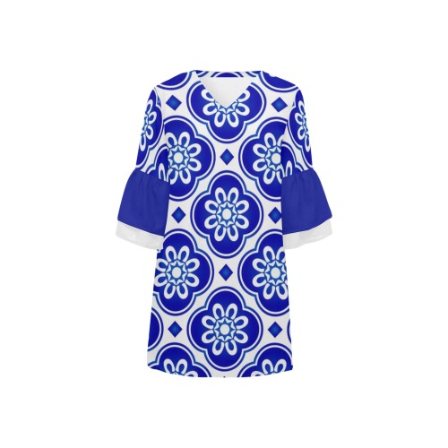 Bold Dark Blue and White Floral Motif Half Sleeves V-Neck Mini Dress (Model D63)
