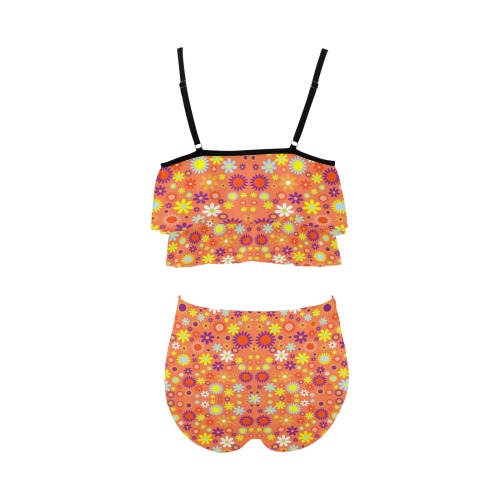 Floral Pattern Living Coral High Waisted Double Ruffle Bikini Set (Model S34)